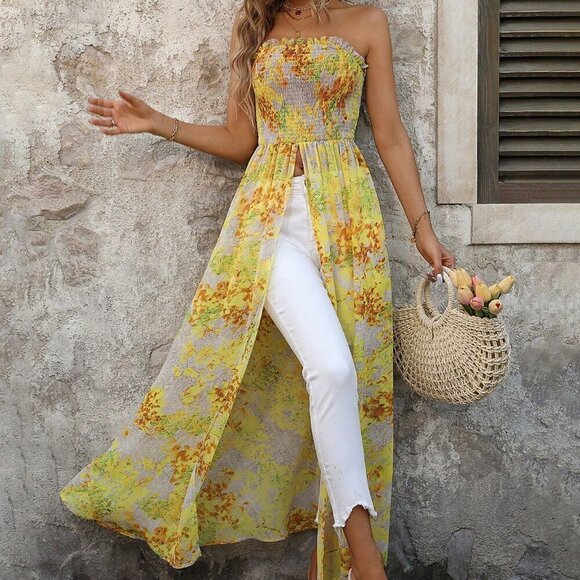 Yellow Boho Women's Floral Print Draped Front Split Hem Strapless Top - Picture 5 of 6